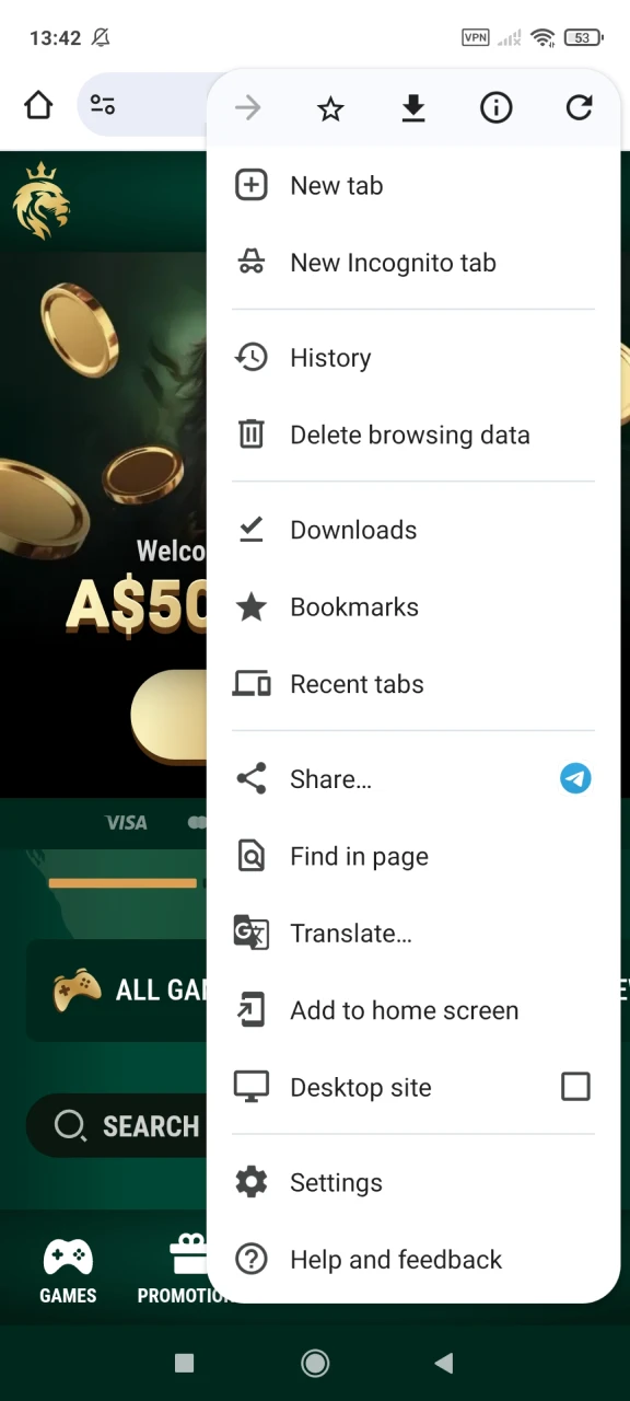 Open the browser menu and find the home screen button to download the Richard Casino app.