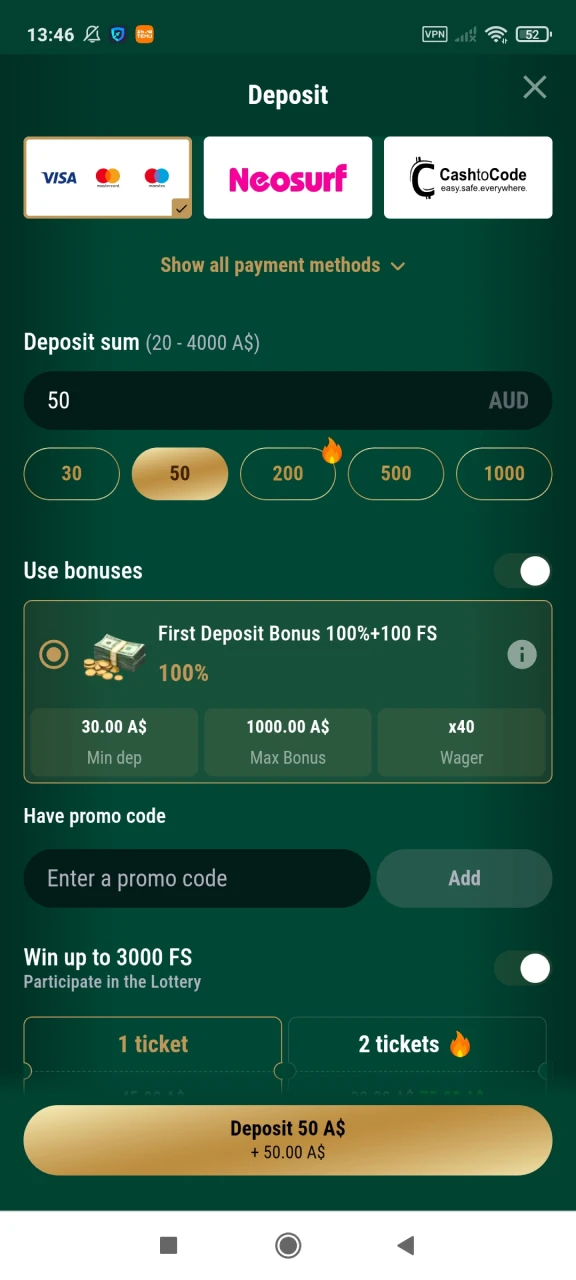 Top up your deposit through the Richard Casino app.