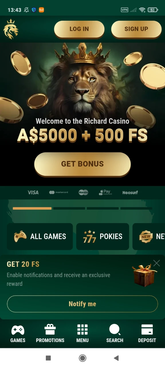 Go to the main page of the Richard Casino application.