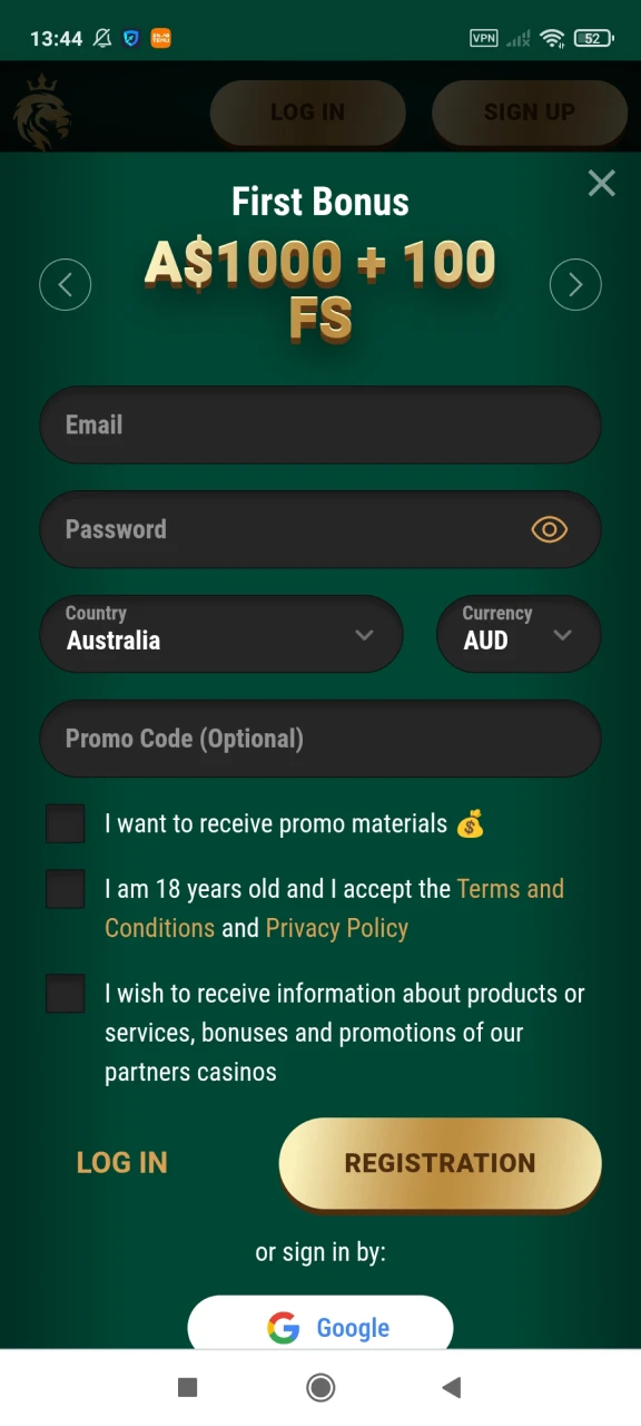 Visit the registration page for the Richard Casino app.
