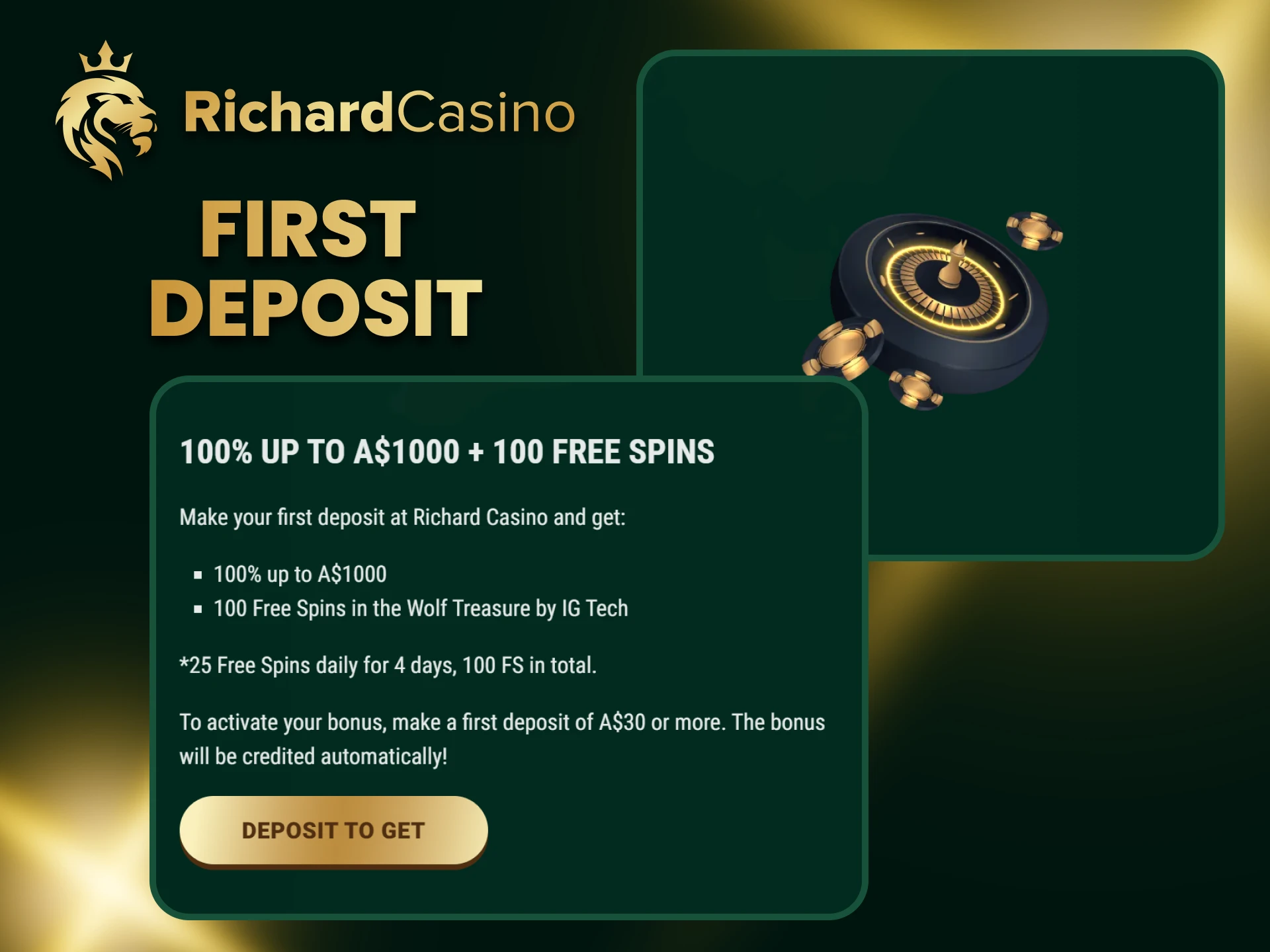 Get your 1st bonus when you top up your deposit at Richard Casino.
