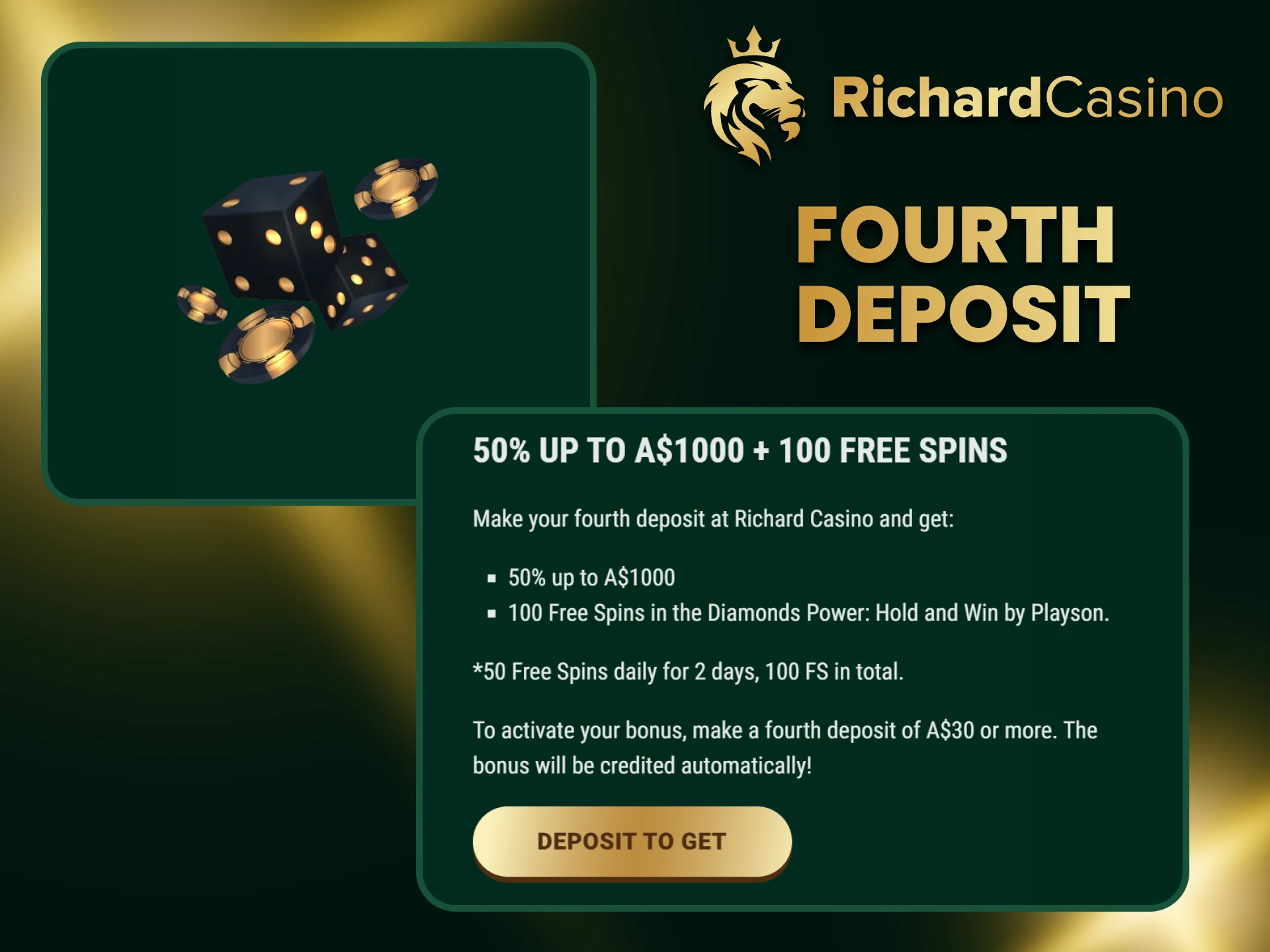 By replenishing your deposit for the fourth time at Richard Casino you will receive a bonus.