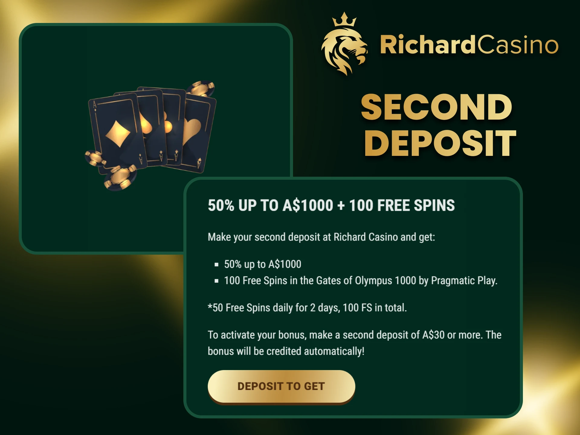 By replenishing your deposit for the second time at Richard Casino you receive a bonus.