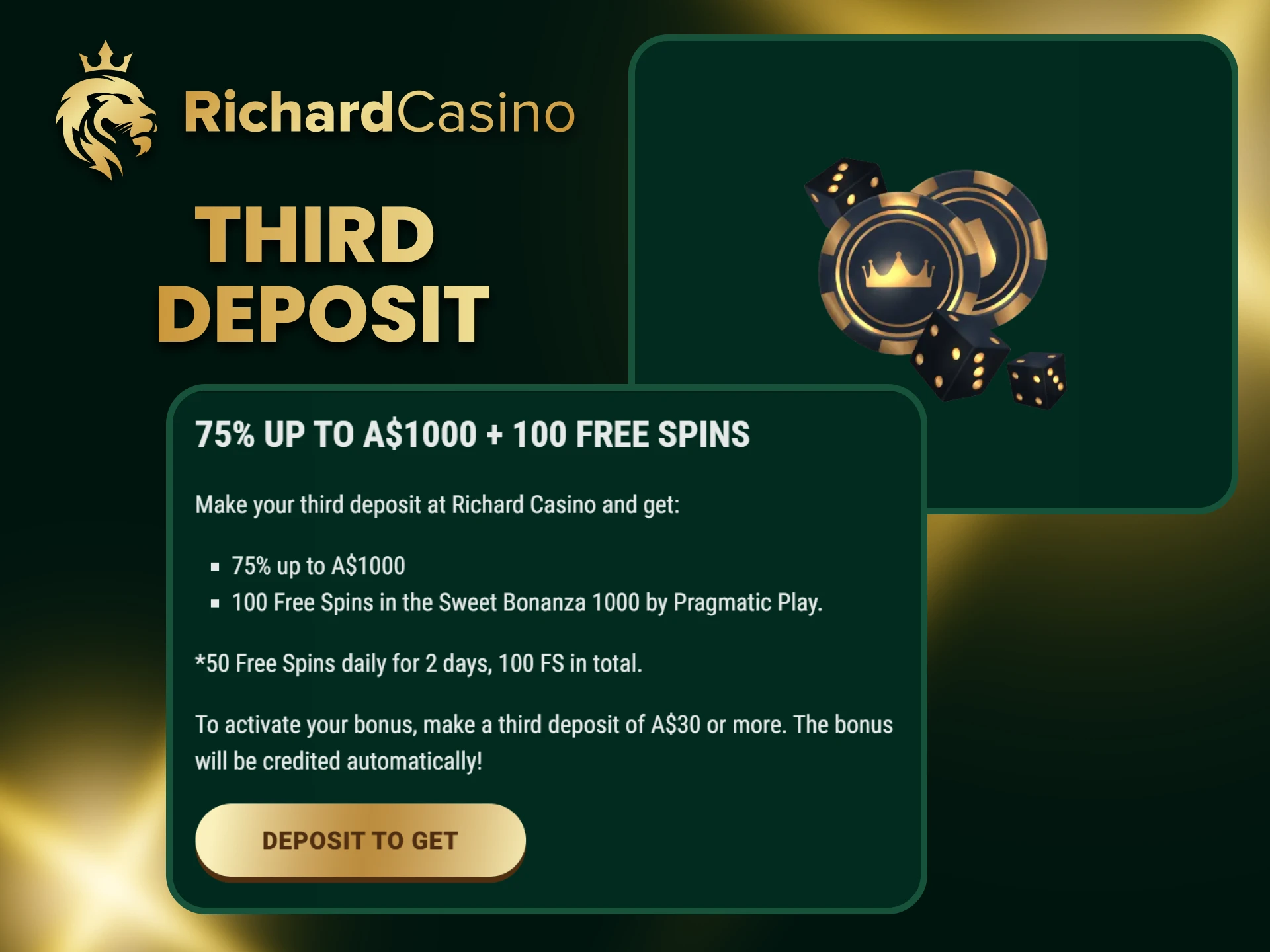 Get your 3rd bonus when you top up your deposit at Richard Casino.