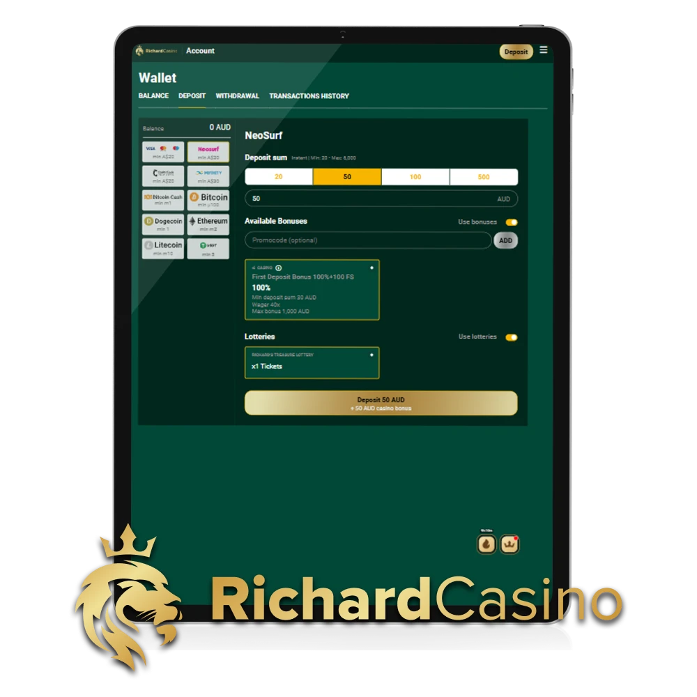 We will tell you about the deposit on the Richard Casino website.