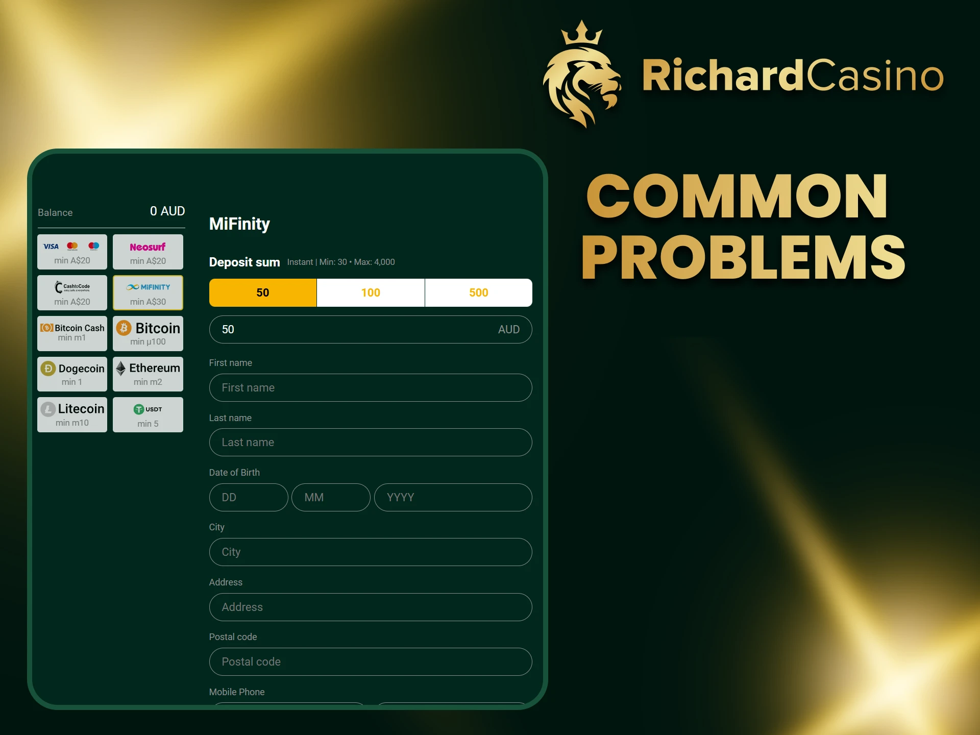 Explore possible problems with deposit at Richard Casino.