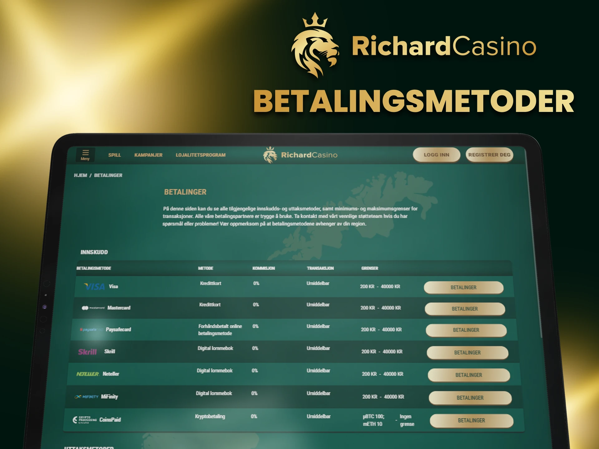 Velg en praktisk transaksjonsmetode hos Richard Casino.
