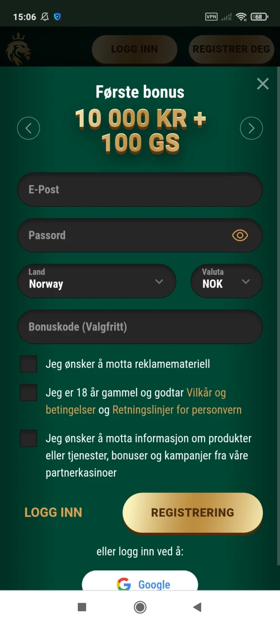 Registrer deg på Richard Casinos nettside.