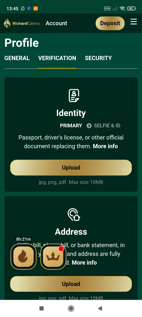 Verify your account on the Richard Casino website.