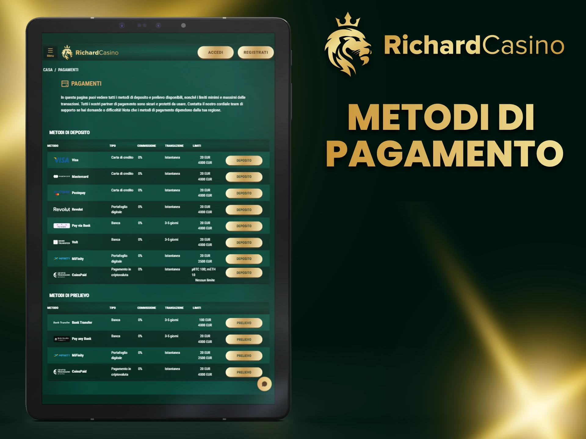 Scegli un metodo di transazione conveniente su Richard Casino.