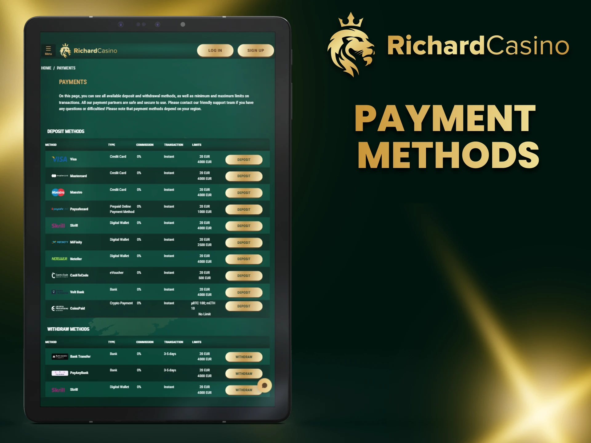 Choose a convenient payment method at Richard Casino.