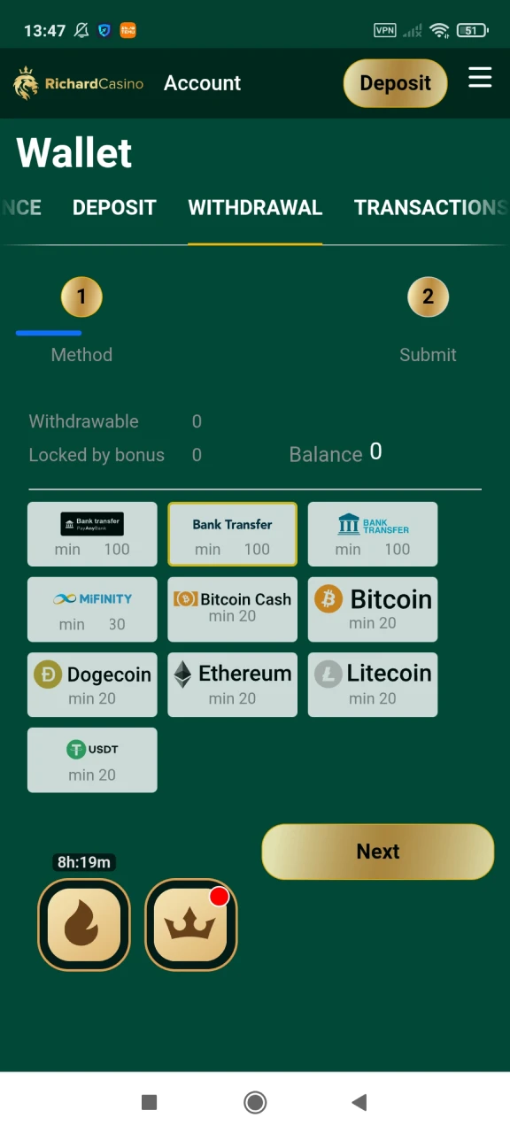 Withdraw your earnings to Richard Casino.