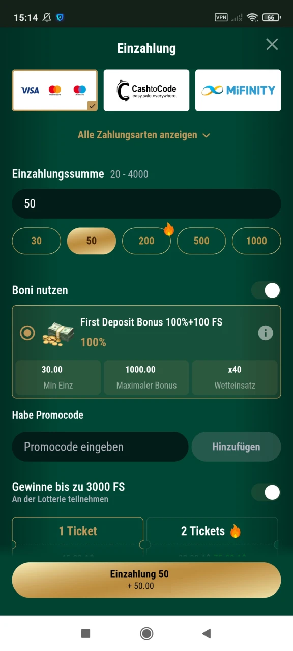 Laden Sie Ihre Einzahlung im Richard Casino auf.