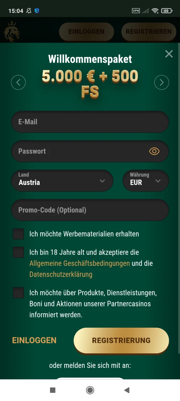 Registrieren Sie sich auf der Richard Casino-Website.