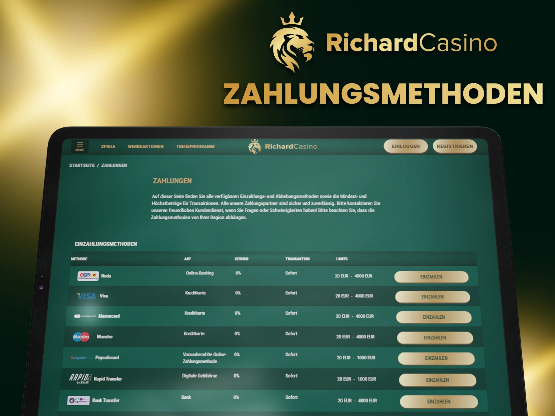 Wählen Sie eine bequeme Transaktionsmethode im Richard Casino.